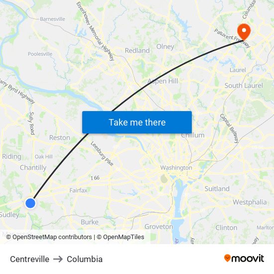 Centreville to Columbia map