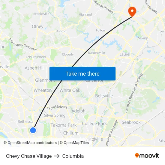 Chevy Chase Village to Columbia map