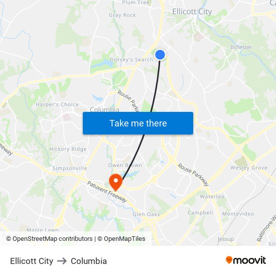 Ellicott City to Columbia map