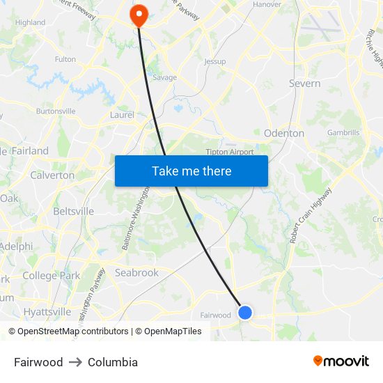 Fairwood to Columbia map