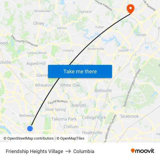 Friendship Heights Village to Columbia map