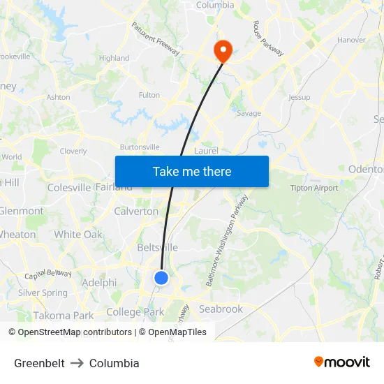 Greenbelt to Columbia map