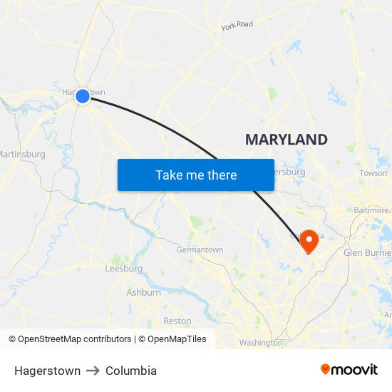 Hagerstown to Columbia map