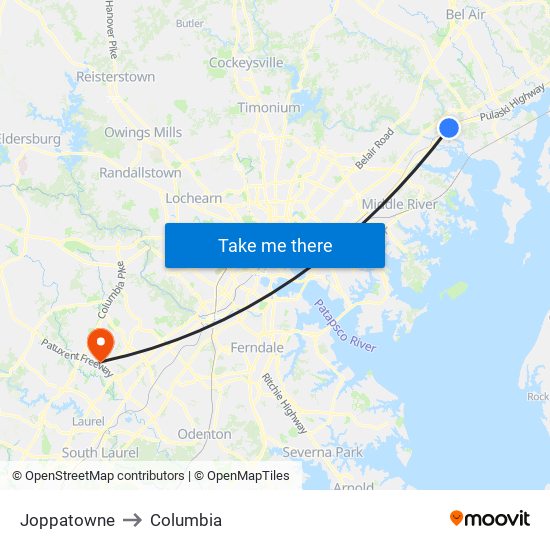 Joppatowne to Columbia map