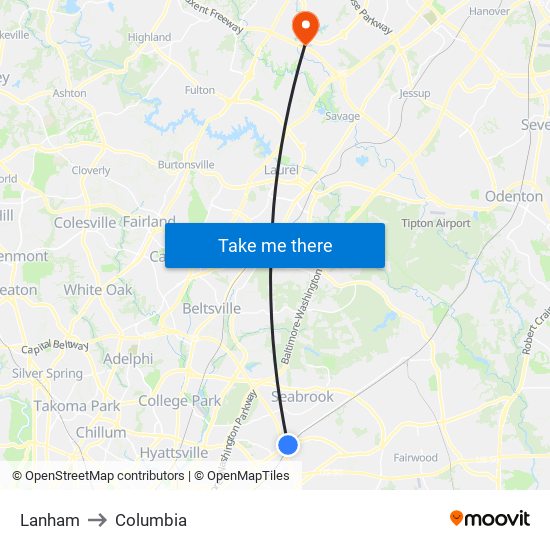 Lanham to Columbia map