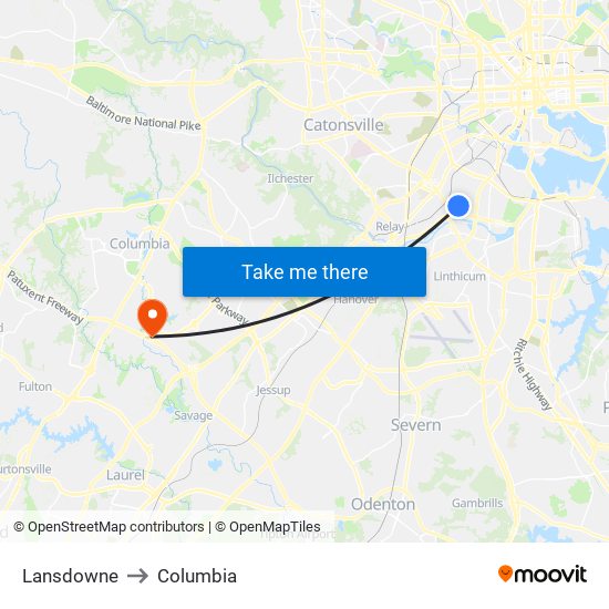 Lansdowne to Columbia map