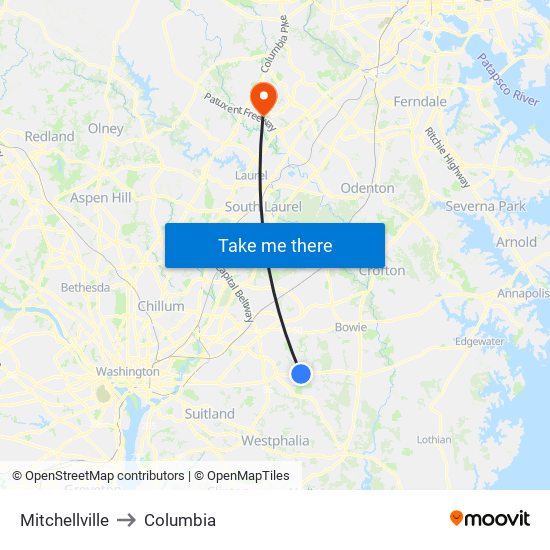 Mitchellville to Columbia map