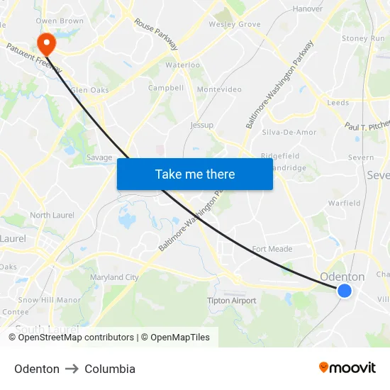 Odenton to Columbia map