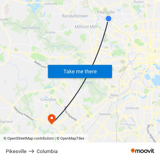 Pikesville to Columbia map