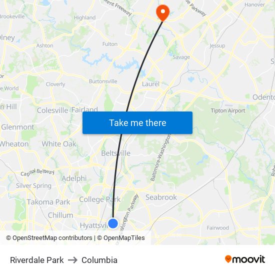 Riverdale Park to Columbia map