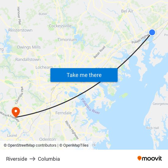 Riverside to Columbia map