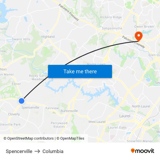 Spencerville to Columbia map