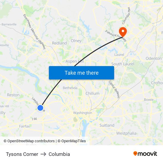 Tysons Corner to Columbia map