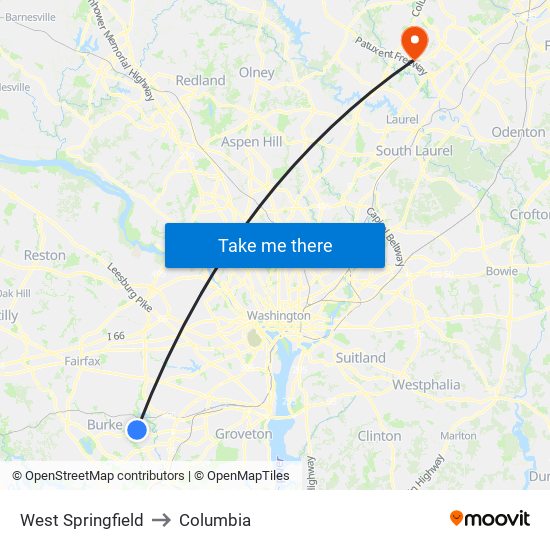 West Springfield to Columbia map