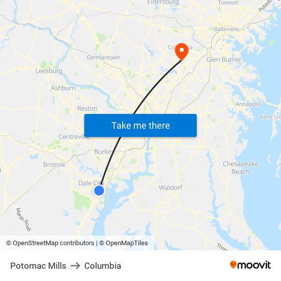 Potomac Mills to Columbia map