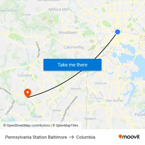 Pennsylvania Station Baltimore to Columbia map