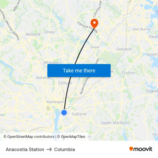 Anacostia Station to Columbia map