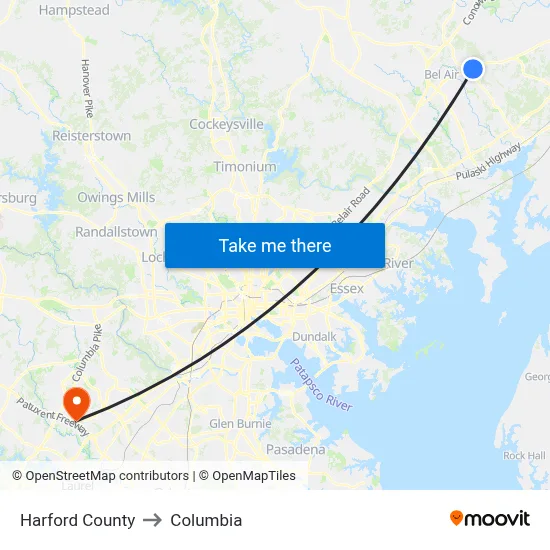 Harford County to Columbia map