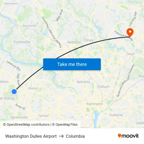 Washington Dulles Airport to Columbia map