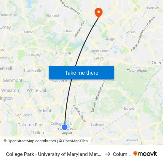 College Park - University of Maryland Metro Station to Columbia map