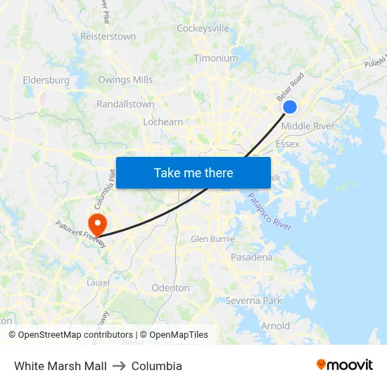 White Marsh Mall to Columbia map