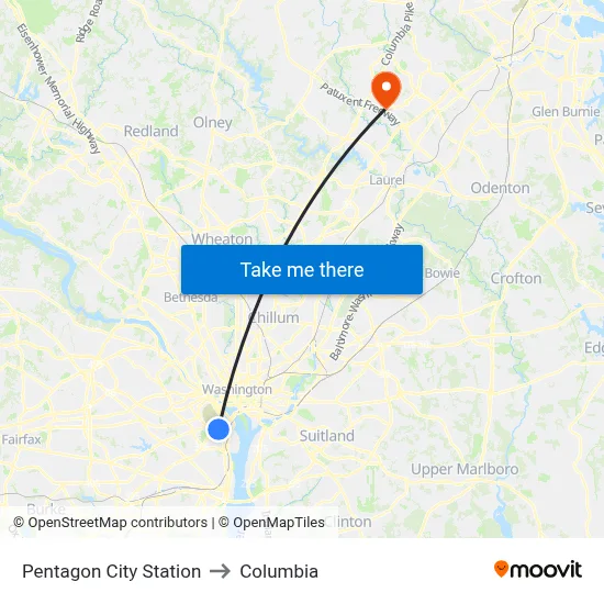 Pentagon City Station to Columbia map