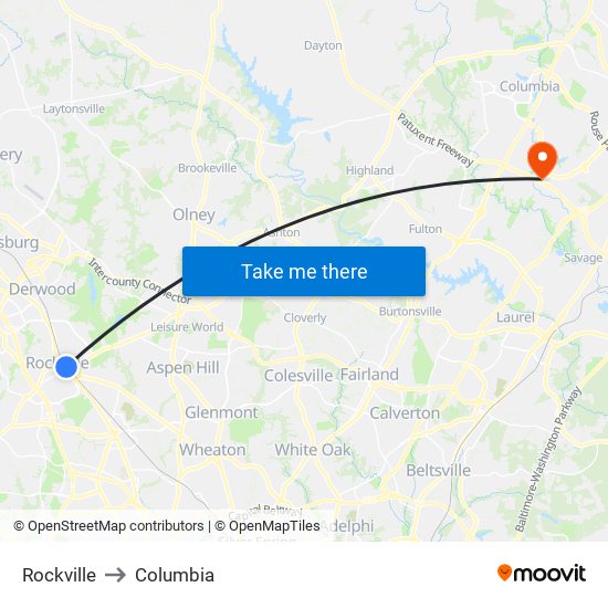 Rockville to Columbia map