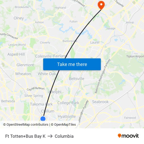 Fort Totten+Bay K to Columbia map