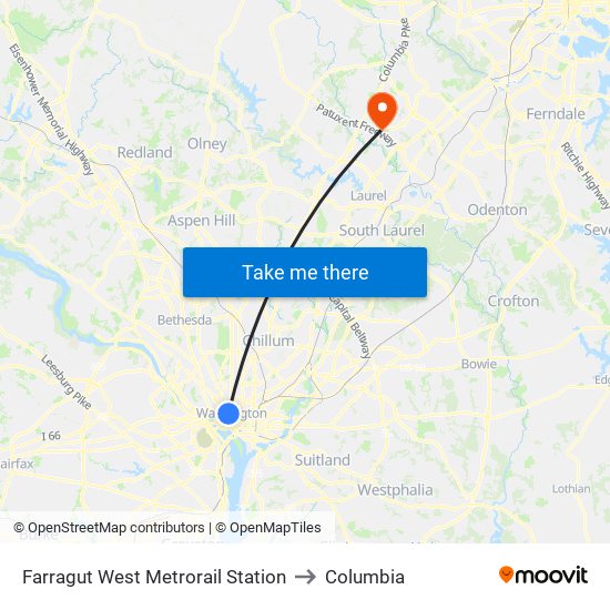 Farragut West  Metrorail Station to Columbia map