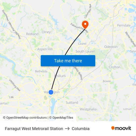 Farragut West to Columbia map