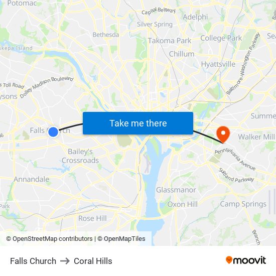 Falls Church to Coral Hills map