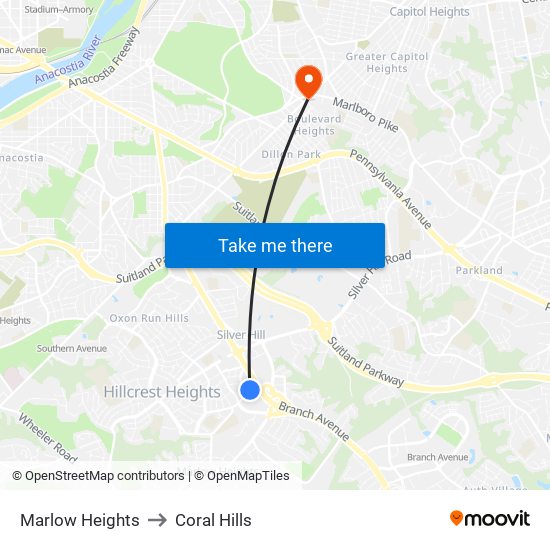 Marlow Heights to Coral Hills map