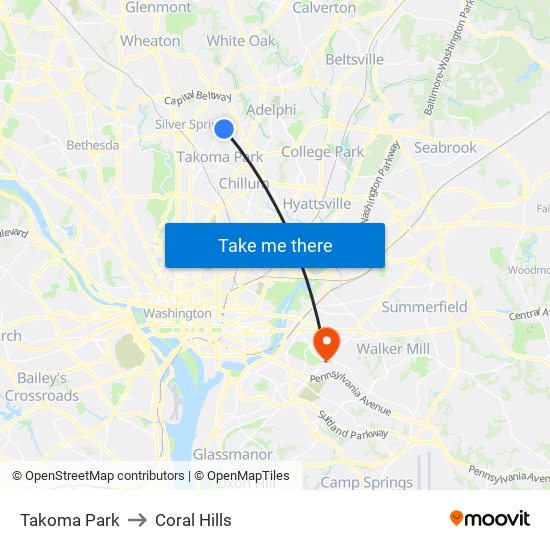 Takoma Park to Coral Hills map