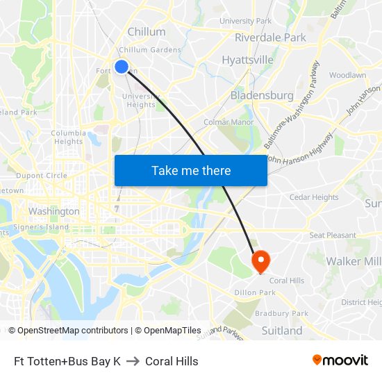 Fort Totten+Bay K to Coral Hills map