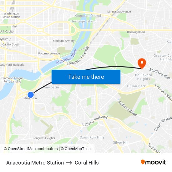 Anacostia Metro Station to Coral Hills map