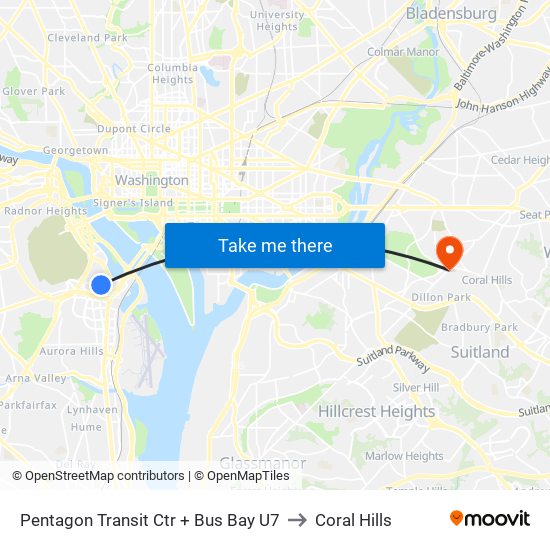 Pentagon Transit Ctr + Bus Bay U7 to Coral Hills map