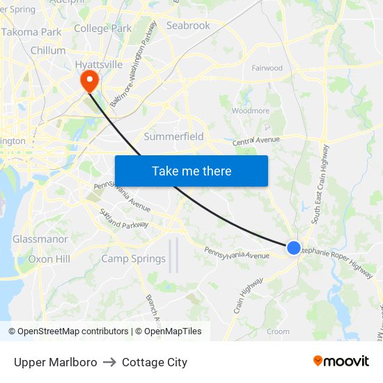 Upper Marlboro to Cottage City map