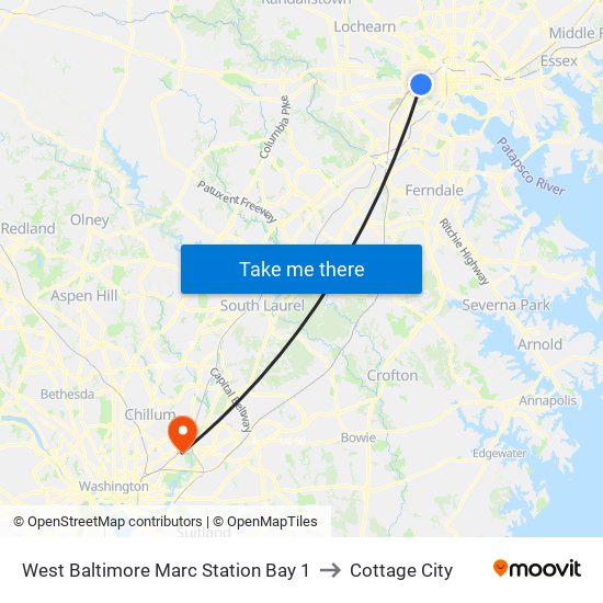 West Baltimore Marc Station Bay 1 to Cottage City map