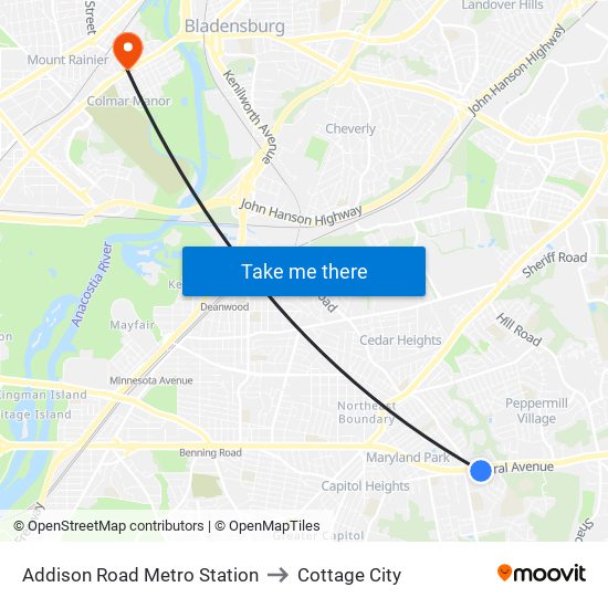 Addison Road Metro Station to Cottage City map