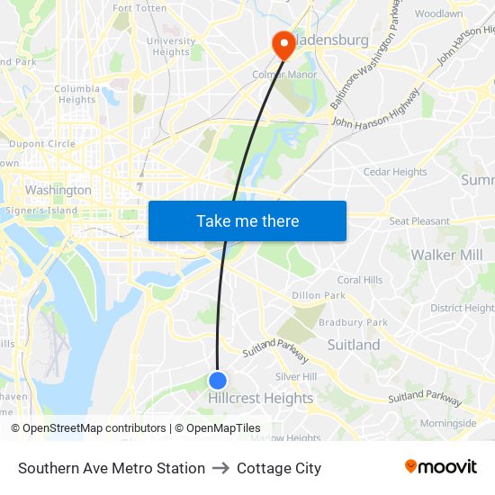 Southern Ave Metro Station to Cottage City map