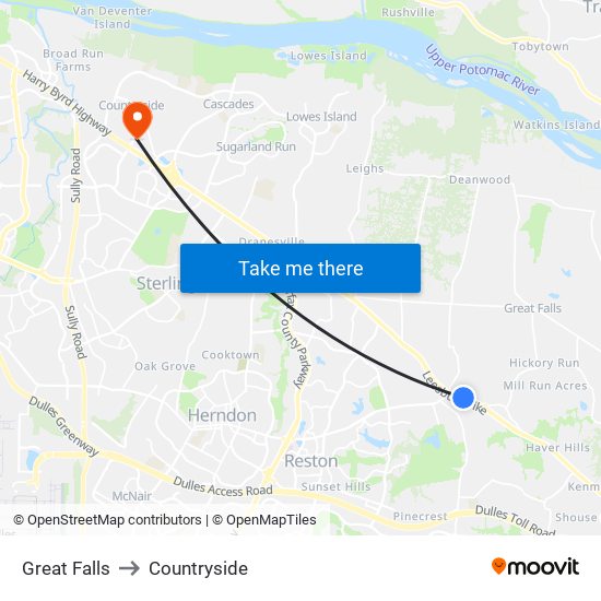 Great Falls to Countryside map