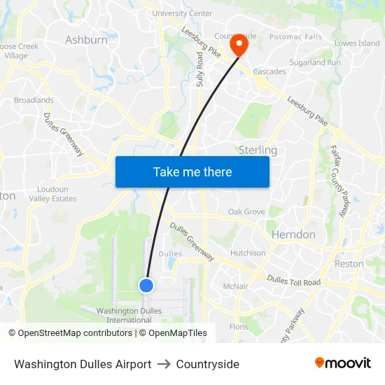Washington Dulles Airport to Countryside map