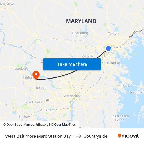 West Baltimore Marc Station Bay 1 to Countryside map