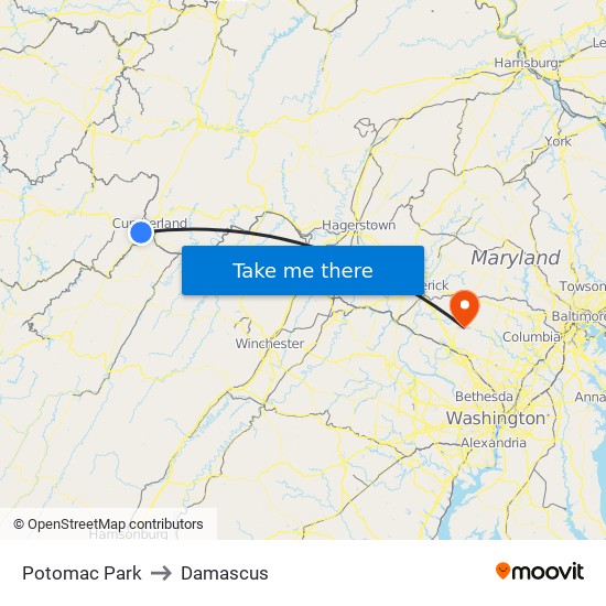 Potomac Park to Damascus map