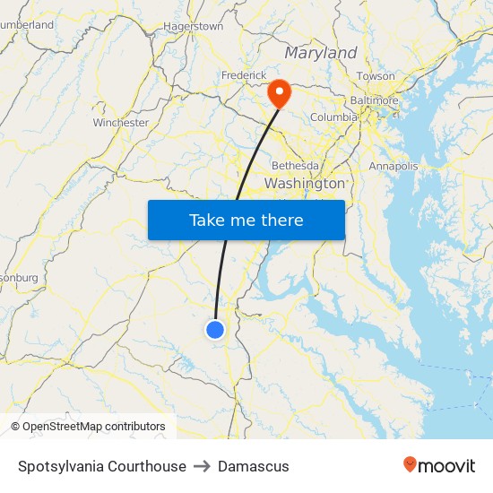 Spotsylvania Courthouse to Damascus map