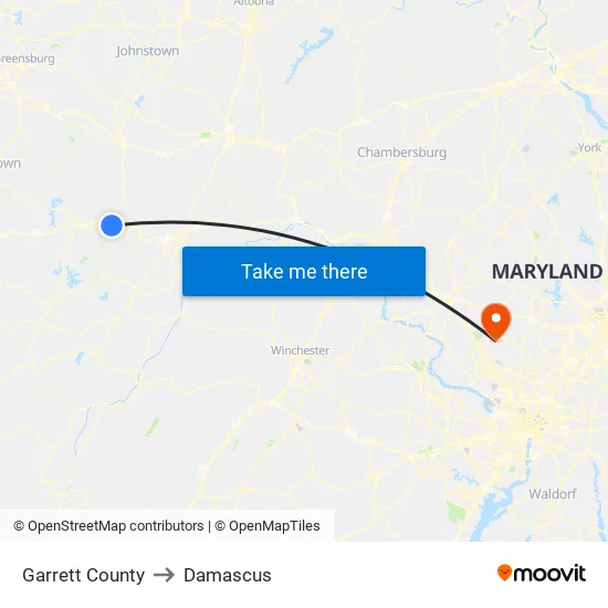 Garrett County to Damascus map