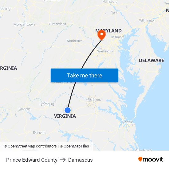 Prince Edward County to Damascus map