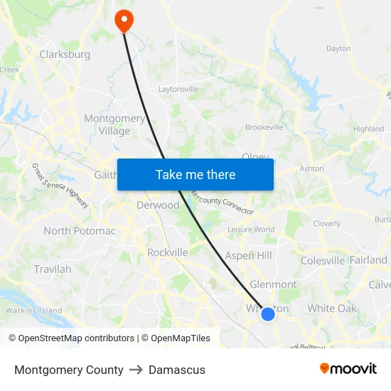 Montgomery County to Damascus map