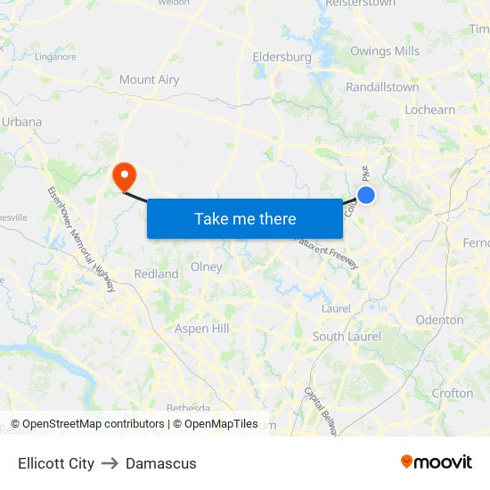 Ellicott City to Damascus map