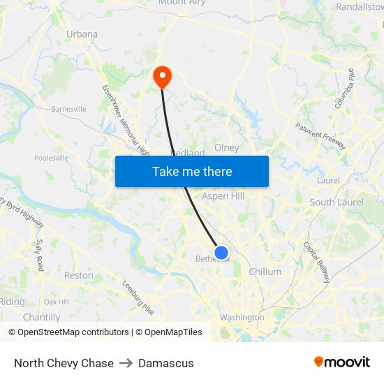 North Chevy Chase to Damascus map